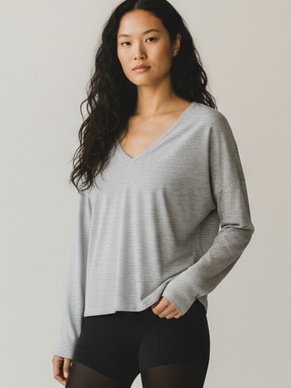 Athleta Essential V-Neck Top M White Black Stripe Long Sleeve Supima Cotton Tee